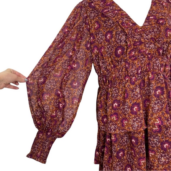 House Of Harlow 1960 Red Floral SmockedCuff Surplice Neck Tiered Ruffle Dress 10 - Picture 10 of 16